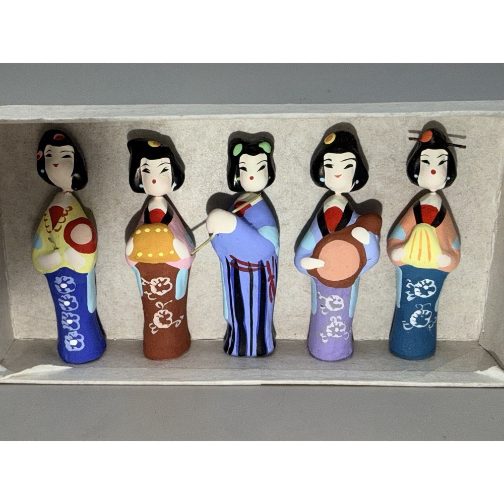 Vintage Chinese Minjianniren Clay Folk Art Musician Dolls Boxed Set of 5